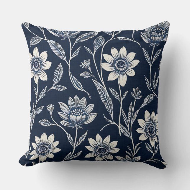 Blockdruck blau und weiß Whimsikblütenblumen Kissen (Vorderseite)
