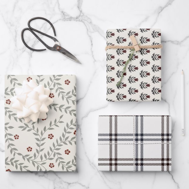 Blockdruck inspiriert Wrapping Paper Set 3 Geschenkpapier Set (Vorderseite)