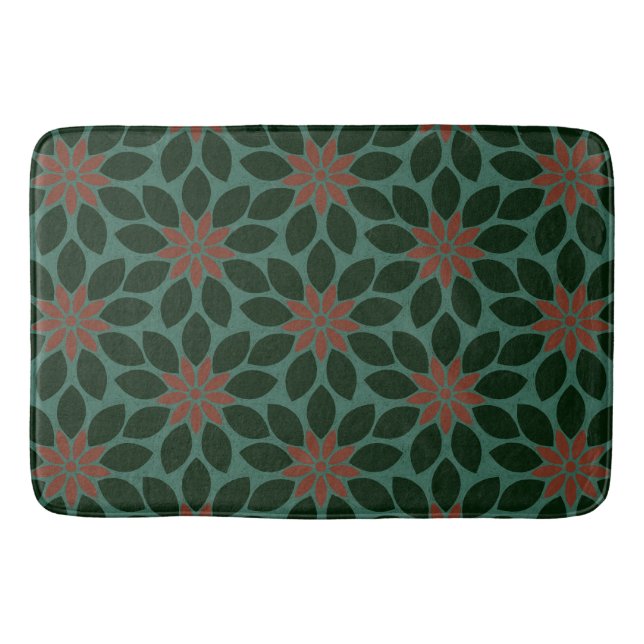 Blockdruck Tile Blume dunkelgrün rot Badematte (Vorderseite)