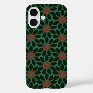 Blockdruck Tile Blume dunkelgrün rot iPhone 16 Hülle