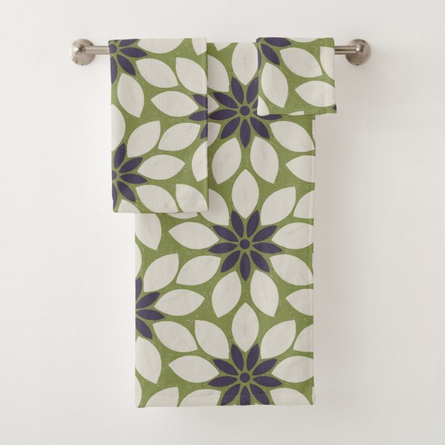 Blockdruck Tischtennisblaue Blume grün Badhandtuch Set (Insitu)