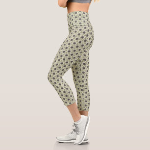 Blockdruck Tischtennisblaue Blume grün Capri Leggings