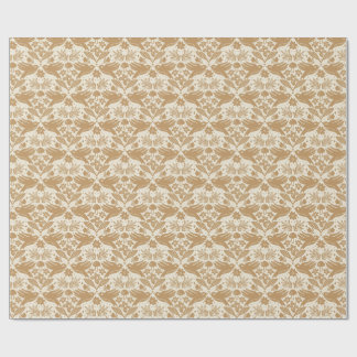 Blockdruck-Vögel mit Blumen | Beige- und Goldnaht Geschenkpapier