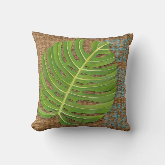 Blockdruckpalme auf Wicker-Hintergrund Kissen (Vorderseite)