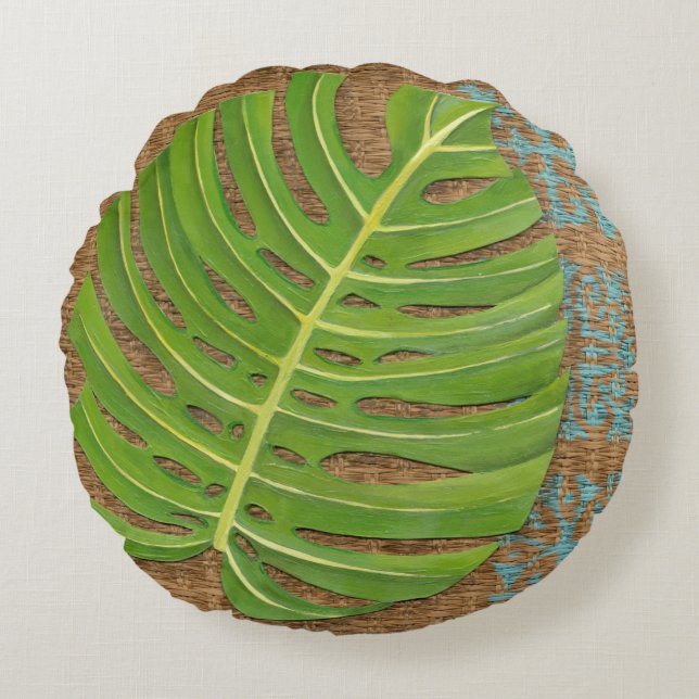 Blockdruckpalme auf Wicker-Hintergrund Rundes Kissen (Vorderseite)