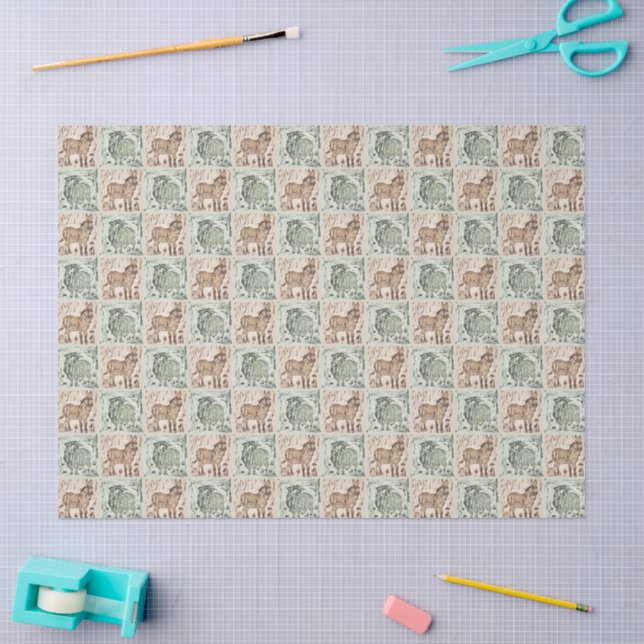 Blockdruckschaf-Eselquilt - Grün braun. Seidenpapier (Basteln)