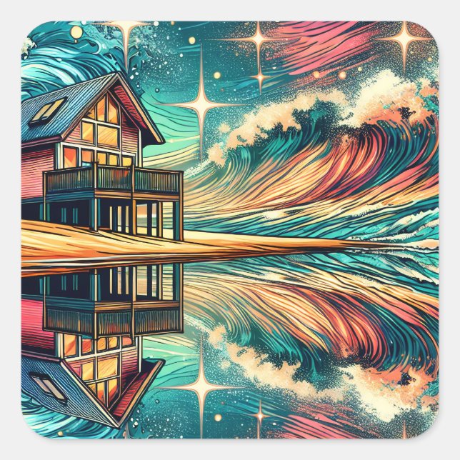 Blockhütte am Strand Art Ai Art Quadratischer Aufkleber (Vorderseite)