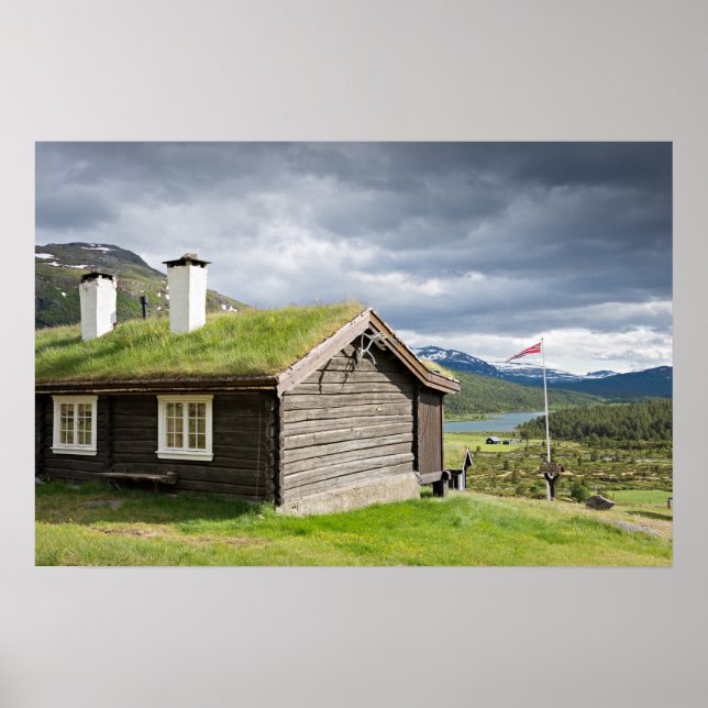 Blockhütte auf dem Sod-Dach in norwegischem Poster (Vorne)