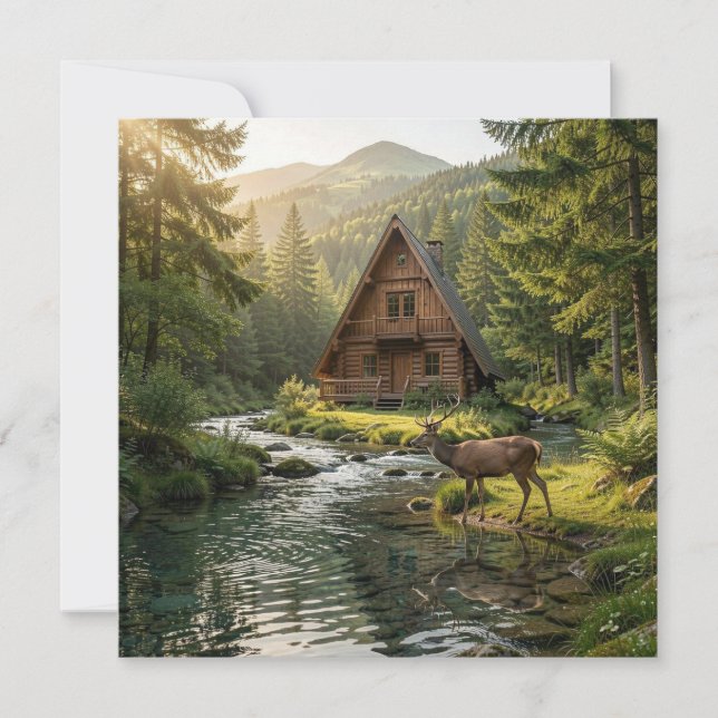 Blockhütte, Bach, Berge und Hirsche Naturkunst (Vorderseite)