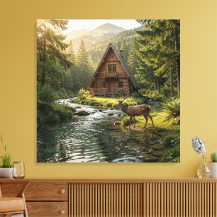 Blockhütte, Bach, Berge und Hirsche Naturkunst Leinwanddruck