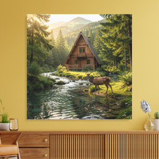 Blockhütte, Bach, Berge und Hirsche Naturkunst Leinwanddruck