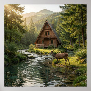Blockhütte, Bach, Berge und Hirsche Naturkunst Poster