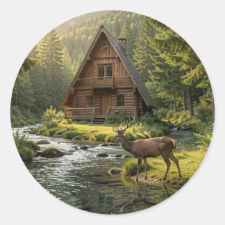 Blockhütte, Bach, Berge und Hirsche Naturkunst Runder Aufkleber