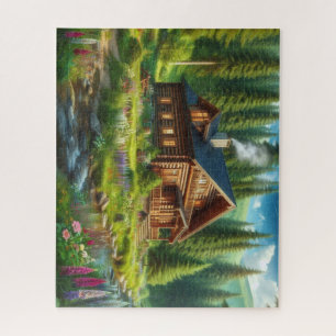 Blockhütte, Bach und Blumen im Wald