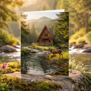 Blockhütte, Bach und Hirsch, Alles Gute zum Geburt Karte