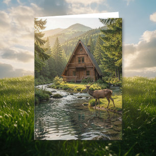 Blockhütte, Bach und Hirsch, Alles Gute zum Geburt Karte