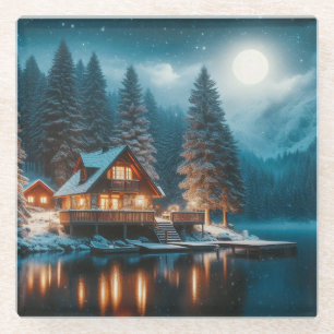 Blockhütte im schneebefluteten Wald unter dem Mond Glasuntersetzer