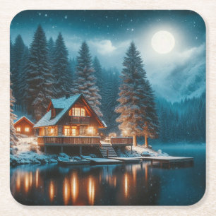 Blockhütte im schneebefluteten Wald unter dem Mond Rechteckiger Pappuntersetzer