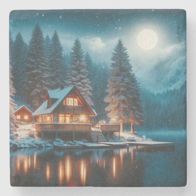 Blockhütte im schneebefluteten Wald unter dem Mond Steinuntersetzer (Vorderseite)