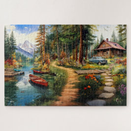 Blockhütte in der Wasserfarbe des Waldes