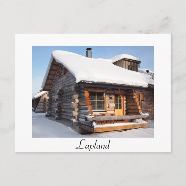 Blockhütte mit Schnee in Lappland, weiße Postkarte (Vorderseite)