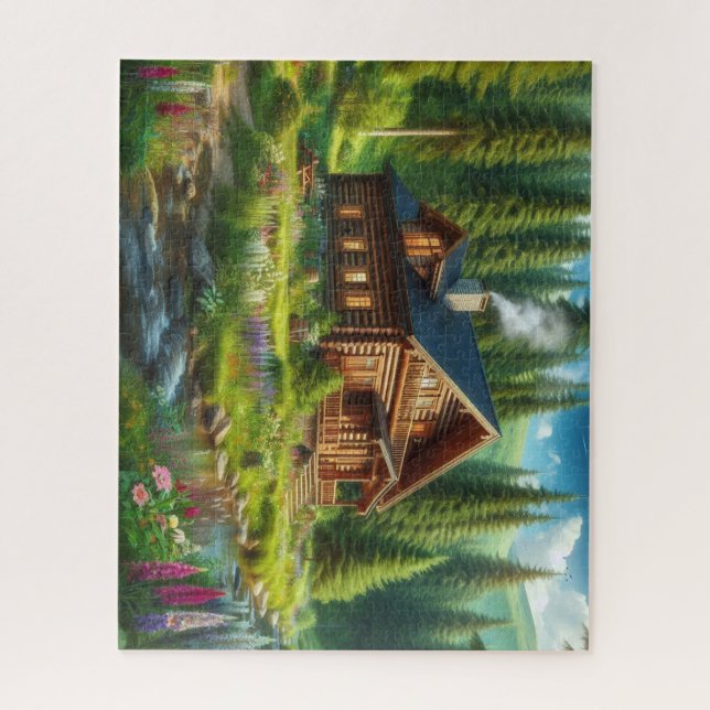 Blockhütte, Stream und Blume im Wald (Vertikal)