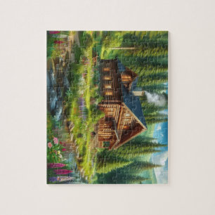 Blockhütte, Stream und Blume im Wald