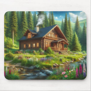 Blockhütte, Stream und Blume im Wald Mousepad