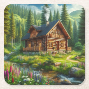 Blockhütte, Stream und Blume im Wald Rechteckiger Pappuntersetzer
