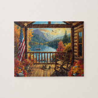 Blockhütte Veranda Herbst Bergsee Aussicht