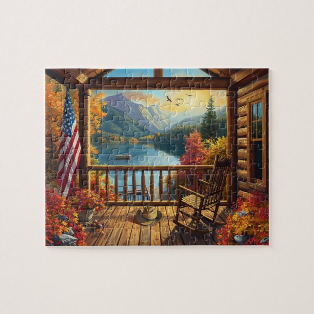Blockhütte Veranda Herbst Bergsee Aussicht (Horizontal)