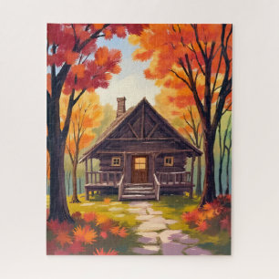 Blockhütte Wasserfarben Herbstlaub Wald