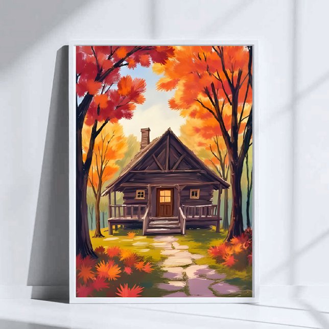 Blockhütte | Wasserfarben Herbstlaub Wald Poster (Von Creator hochgeladen)