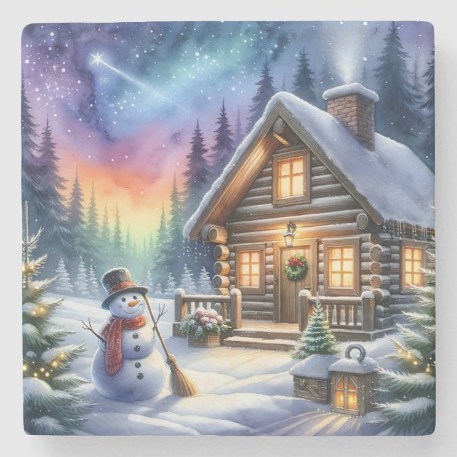 Blockhütte - Weihnachten Steinuntersetzer (Vorderseite)