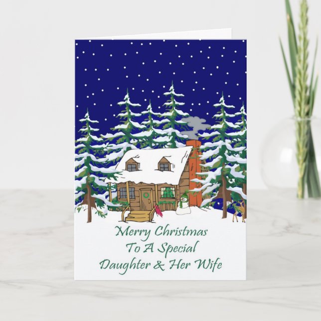 Blockhütte WeihnachtsTochter & Ehefrau Feiertagskarte (Vorderseite)