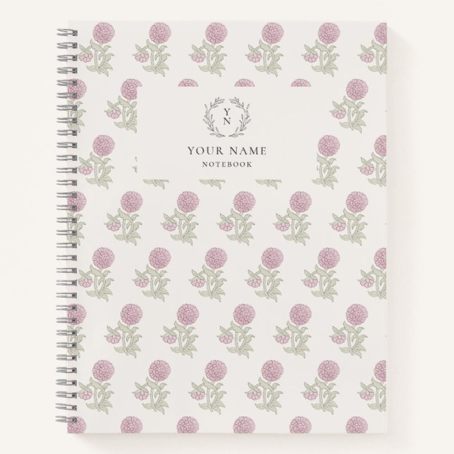 Blockprint inspiriert rosa Blumenheber Notizbuch (Vorderseite)
