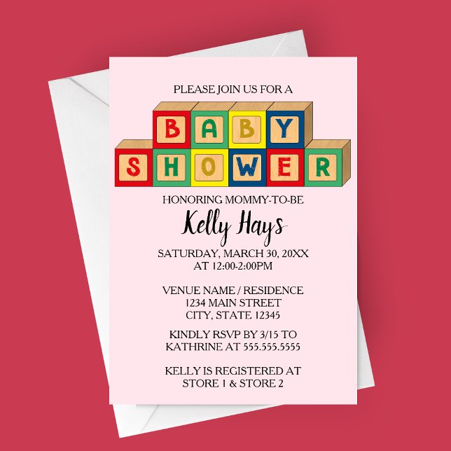 Blocs bébé Baby shower Invitation (Baby Blocks Baby Shower Invitation with Light Pink Background )