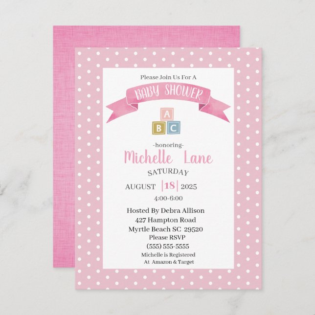 Blocs de bébé rose Fille Douche Invitation (Devant / Derrière)