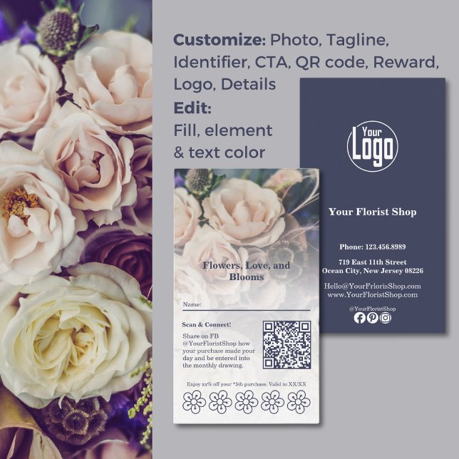 Blogs & Rewards individuelle Treuekarte für Floris (Blooms & Rewards Customizable Florist Loyalty Card, QR code, Custom Logo, Color customizable
)