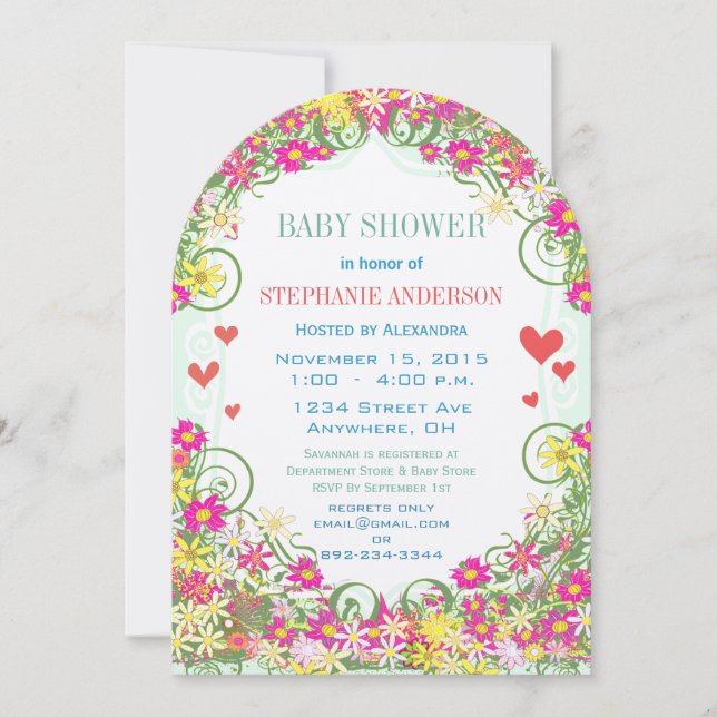 Blomin' Baby Girl Floral and Hearts Dusche Einladung (Vorderseite)