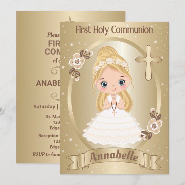 Blond Cute Girl First Holy Communion Invitation (Devant / Derrière)