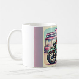 Blond Girl auf dem Rad mit ihrem Ingwer Cat Button Kaffeetasse