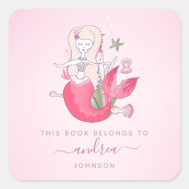 Blond Girl Mermaid Starfish Kids Name Buchzeichen Quadratischer Aufkleber