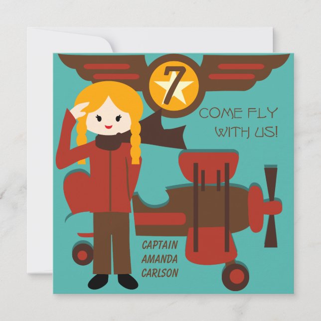 Blond Girl Pilot zum Geburtstag Einladungen (Vorderseite)
