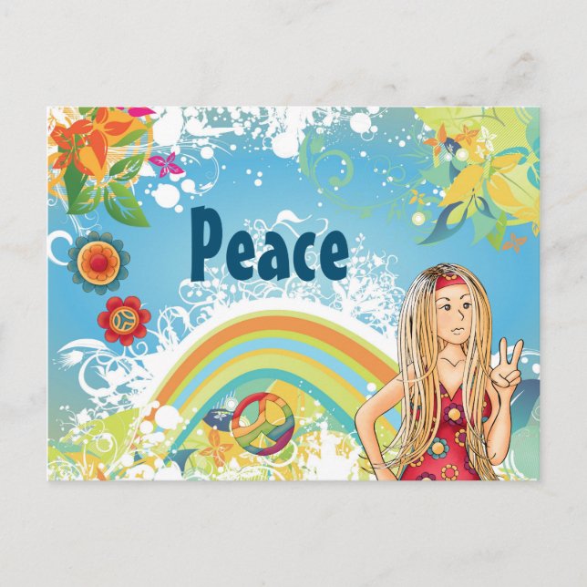 Blond Hippie Girl, Blume und Rainbow Peace Postkarte (Vorderseite)
