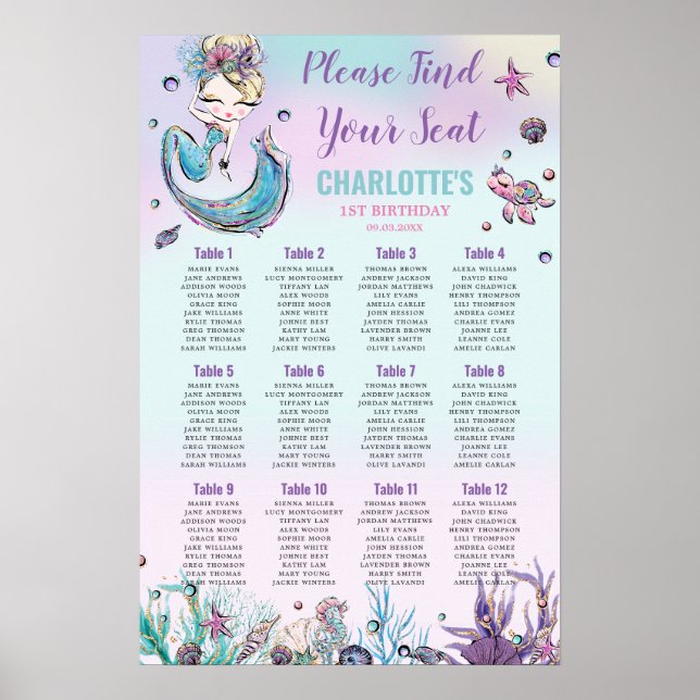 Blond Mermaid Under Sea Birthday Seating Chart Poster (Vorne)
