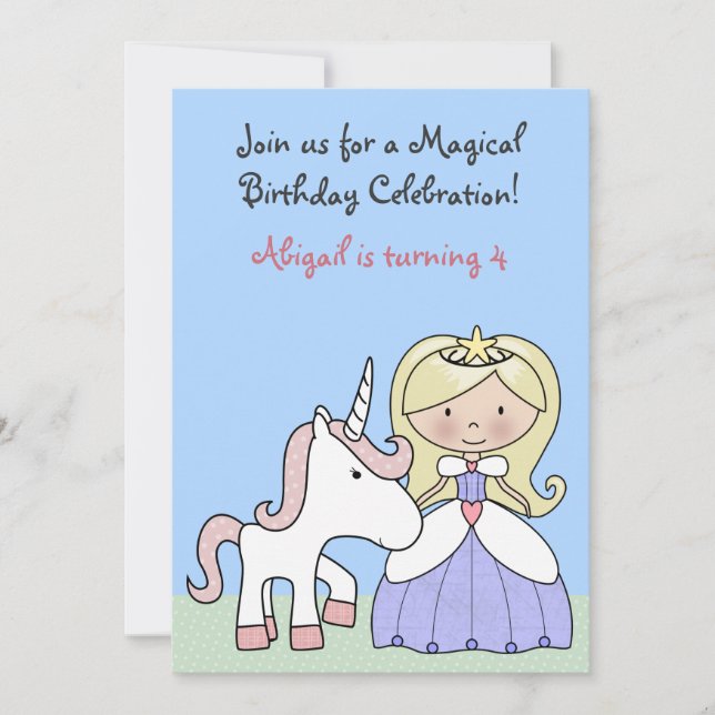 Blond Princess et Unicorn Invitation d'anniversair (Devant)