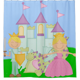 Blond Princess, Prince, Dragon, Castle Fairytale Duschvorhang