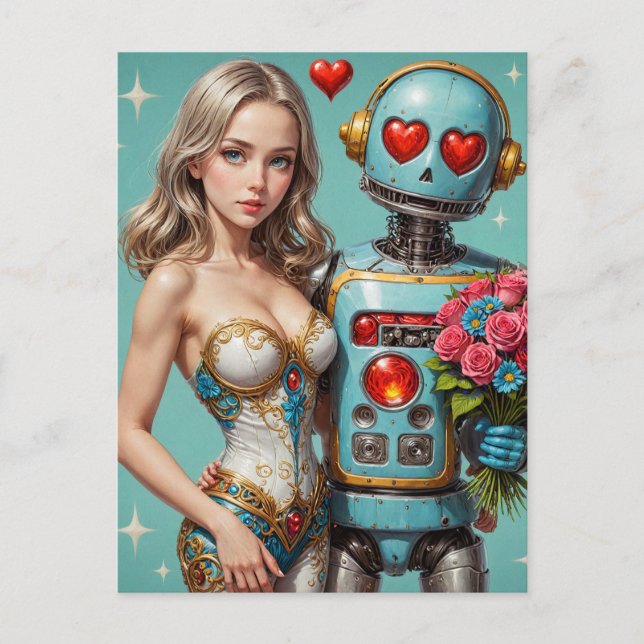 Blond Woman et un robot trouvé carte postale Amour (Devant)