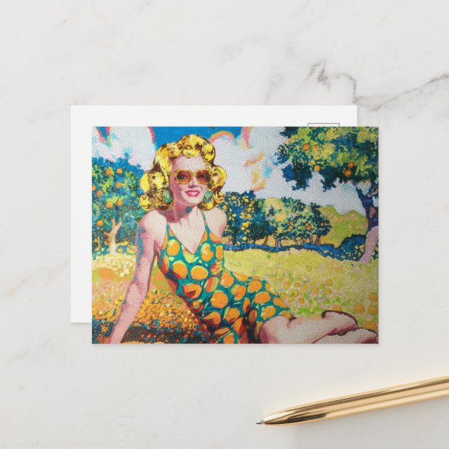 Blond Woman in Orange Grove Postkarte (Vorderseite/Rückseite Beispiel)